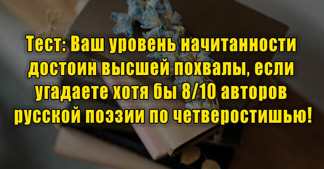 Ваш уровень начитанности достоин высшей похвалы, если угадаете хотя бы 8/10 авторов русской поэзии по четверостишью!