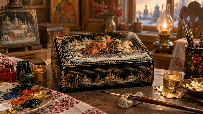Палехская лаковая миниатюра — знаменитый русский народный промысел из Ивановской области. Мастера расписывают шкатулки тончайшими узорами и используют в работе сусальное золото. Чтобы оно засияло, его полируют совершенно необычным инструментом — зубом животного. Какого именно?